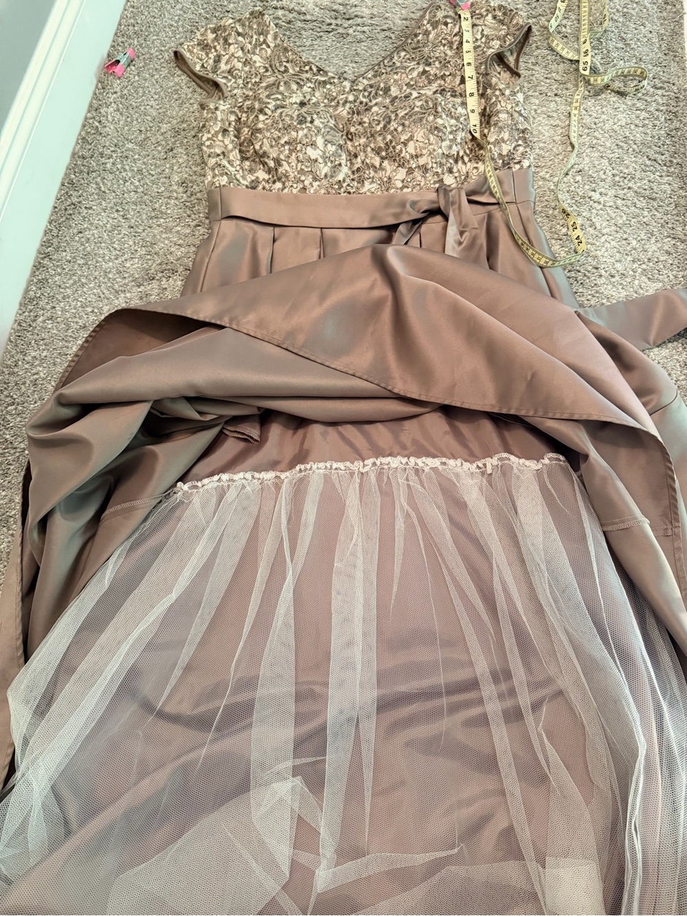Xscape Taupe Satin Maxi Dress with Embroidered Bodice - Picture 8 of 12